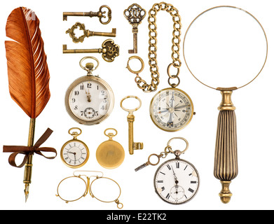 antique keys, clock, ink pen, loupe, compass, glasses isolated on white background. collectibles Stock Photo