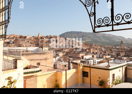 Panoramic views from the rooftop terrace at the beautiful Riad Dar el Ghalia, a small luxury riad in the Medina, Fez, Morocco. Stock Photo