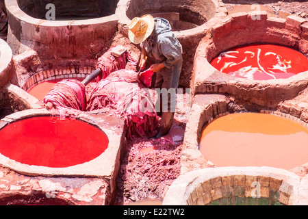 View of a man dyeing animal hides in the Tanners Quarter, Fez, Morocco. Stock Photo