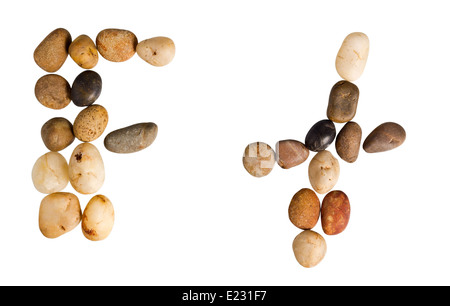 English Alphabet Letter 'F' made by small rocks on isolate background. Stock Photo