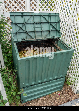 Green plastic compost bin full of organic and domestic food scraps Stock Photo