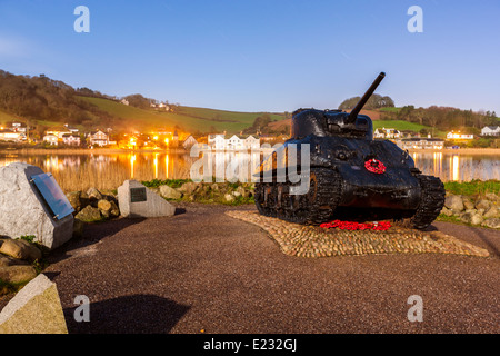 Sherman tank retrieved from Start Bay and set up as a war memorial in Torcross, Devon, England, United Kingdom. Stock Photo