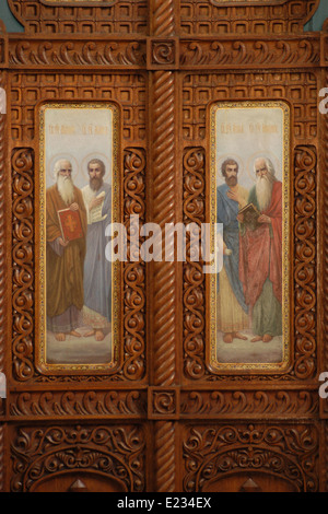 Four Evangelists. Holy doors of the iconostasis of the Orthodox Church of Saint Olga in Frantiskovy Lazne, Czech Republic. Stock Photo