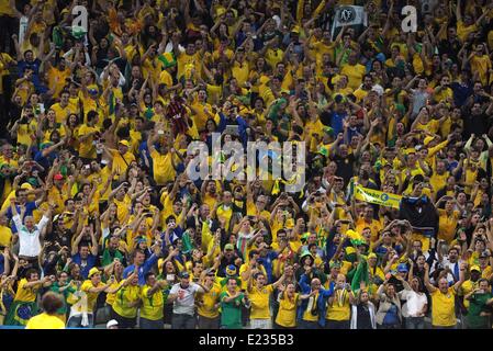 Brazil fans (BRA), JUNE 12, 2014 - Football / Soccer : Brazil fans celebrate after scoring Brazil's 2nd goal during the FIFA World Cup Brazil 2014 Group A match between Brazil 3-1 Croatia at Arena de Sao Paulo in Sao Paulo, Brazil. (Photo by SONG Seak-In/AFLO) Stock Photo
