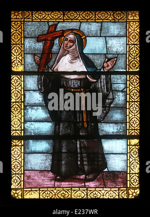 Stained glass window in the church of St. James the Greater in Porto Azzurro, Elba, Italy Stock Photo