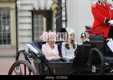 London, UK. . 14th June 2014. Camilla, Duchess of Cornwall & Catherine, Duchess of Cambridge at Trooping the Colour 2014 for the Queen's birthday. Credit:  Mark Davidson/Alamy Live News Stock Photo