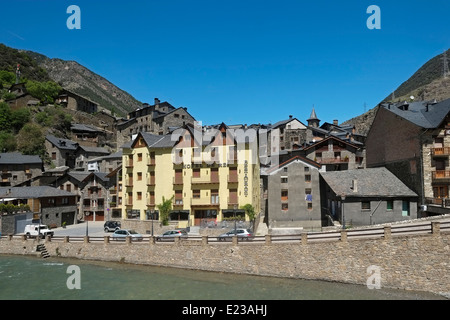 View of Llavorsi village located along river Noguera Pallaresa in province of Lleida  Catalonia Spain Stock Photo