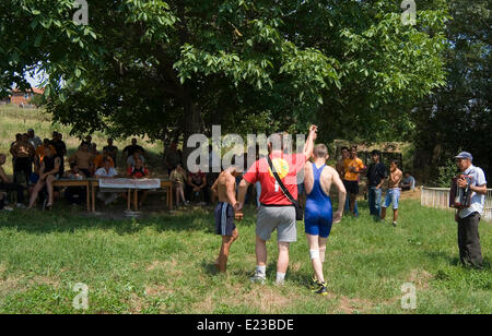 Razdel Yambol region Bulgaria Eastern Europe June 14th  2014:  Dry Wrestling has been practiced since the Thracian times, teenagers and young children sign on for the bye annual competition in a Strandja mountain village  held on the village green. Bulgarians of all ages are managing to preserve the dry wrestling style and keep a culture sport alive. Credit: Clifford Norton/Alamy Live News Stock Photo