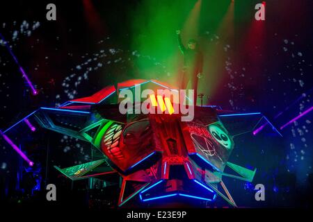 Manchester, Tennessee, USA. 14th June, 2014. SKRILLEX (aka SONNY MOORE) performs live at the 2014 Bonnaroo Music and Arts Festival in Manchester, Tennessee © Daniel DeSlover/ZUMAPRESS.com/Alamy Live News Stock Photo