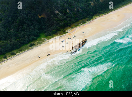 Aerial view of the Maheno Shipwreck which was washed ashore on Fraser Island by a cyclone in 1935, Fraser Island, Queensland, QLD, Australia Stock Photo