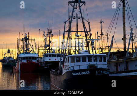 Fishing boats and Canadian Coast guard vessel in Steveston harbour at sunset. The harbour is on the Fraser River. Stock Photo