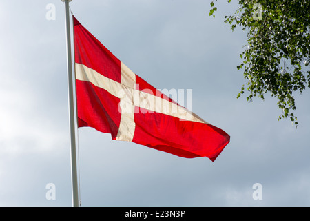 Danish flag on a flag pole in summer with gray clouds in the background Danish flag on a flag pole in summer with gray clouds in the background