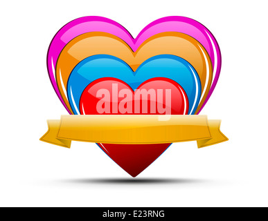 Glossy colored hearts with ribbon and shadow on light background - for your text. Stock Photo