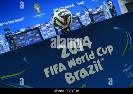 A Brazuca soccer ball, the official matchball of the FIFA World Cup 2014, on display during a press conference of the German national soccer team at the Arena Fonte Nova Stadium in Salvador da Bahia, Brazil, 15 June 2014. Germany will face Portugal in their group G preliminary round match at the FIFA World Cup 2014 on 16 June 2014 in Salvador da Bahia. Photo: xx/dpa (RESTRICTIONS APPLY: Editorial Use Only, not used in association with any commercial entity - Images must not be used in any form of alert service or push service of any kind including via mobile alert services, downloads to mobile Stock Photo