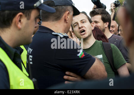 Sofia, Bulgaria. 14th June, 2014. Thousands joined the protest ''DANS no more'' before the National Assembly in Sofia to mark one year since anti-government demonstrations have began in the capital and other Bulgarian cities. The protests started on June 14, 2013 when Delian Peevski was elected President of the State Agency for National Security (DANS) by the Parliament. © Hristo Vladev/NurPhoto/ZUMAPRESS.com/Alamy Live News Stock Photo