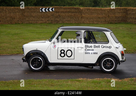 White Blue Bell Group Rover Mini rally car No.80 Barry Holt at the Cholmondeley Pageant of Power.   The action is at the 1.2-mile track within the park grounds of Cholmondeley Castle where over 120 rally cars compete, spanning seven decades of motorsports. Stock Photo