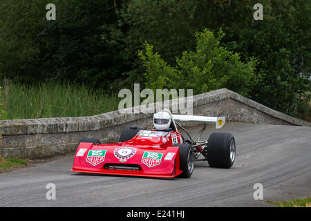 1973 70s Chevron B25 Formula 2 and Formula Atlantic old racing car driven by Keith Harris at the Cholmondeley Pageant of Power.  The action is at the 1.2-mile track within the park grounds of Cholmondeley Castle where racing cars compete, spanning seven decades of motorsports. The weekend is one of the biggest celebrations of power and speed in the country. Stock Photo