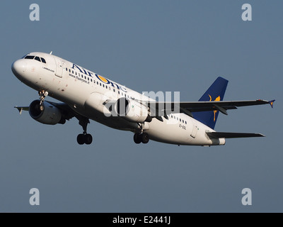 EI-DSL Air One, Airbus A320 takeoff from Schiphol (AMS - EHAM), The Netherlands, 17may2014, pic-1 Stock Photo