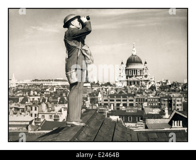 LONDON WW2 1940's Royal Observer Corps in City of London with dome of St. Paul’s Cathedral watching for German bombers in the Battle of Britain blitz Stock Photo