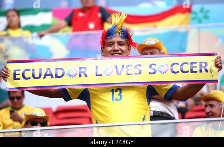 Brasilia, Brazil. 15th June, 2014. An Ecuadors fan cheers for his team before a Group E match between Switzerland and Ecuador of 2014 FIFA World Cup at the Estadio Nacional Stadium in Brasilia, capital of Brazil, June 15, 2014. Credit:  Action Plus Sports Images/Alamy Live News Stock Photo