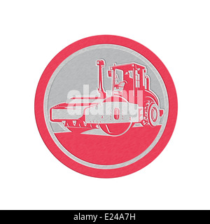 Metallic styled illustration of road compactor road roller viewed from the front on low angle set inside circle done in retro style. Stock Photo