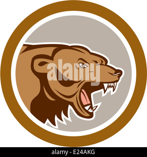 Illustration of an angry grizzly brown bear head viewed from the side set inside circle done in cartoon style on isolated background. Stock Photo