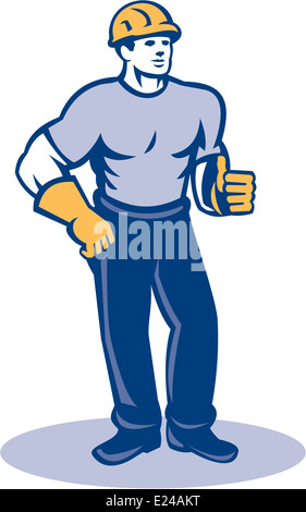 Illustration of a construction worker wearing hardhat standing thumbs up facing front done in retro style. Stock Photo