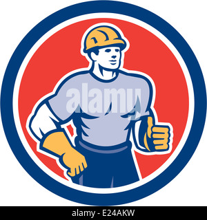 Illustration of a construction worker wearing hardhat standing thumbs up facing front set inside circle done in retro style. Stock Photo
