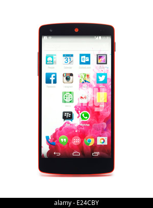 Google Android LG Nexus 5 red phone with blank screen isolated on white ...