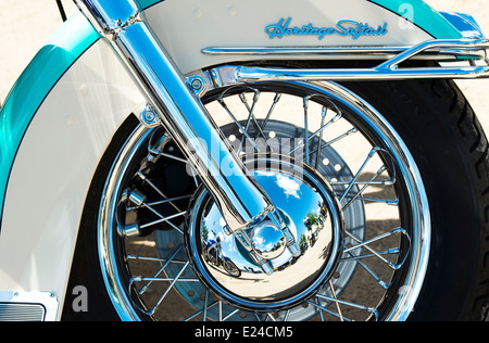 Harley Davidson heritage softail motorcycle, wheel abstract, at a bike show in England Stock Photo