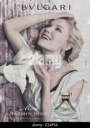 Celebrities appear in adverts for various leading luxury designer brands. Pictured: Kirsten Dunst for Bulgari Stock Photo