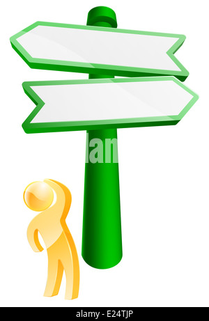 Which direction? concept of a mascot looking at sign deciding which way to go Stock Photo