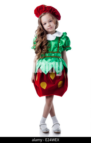 Cute little girl posing in strawberries costume Stock Photo