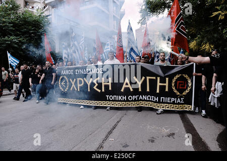 Thessaloniki, Greece. 15th June, 2014. Supporters of Golden Dawn far right party held an antigovernment demonstration in the center of Thessaloniki. The same time members of anti fascist groups tried to stop the Golden Dawn demonstration but prevented by the riot police. Credit:  Giannis Papanikos/NurPhoto/ZUMAPRESS.com/Alamy Live News Stock Photo