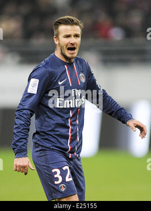 David Beckham of Paris Saint-Germain (PSG) in action during the French Ligue 1 match between Stade de Reims Champagne FC and Paris Saint-Germain FC at the Stade Auguste Delaune  Featuring: David Beckham Where: Reims, France When: 02 Mar 2013 Stock Photo