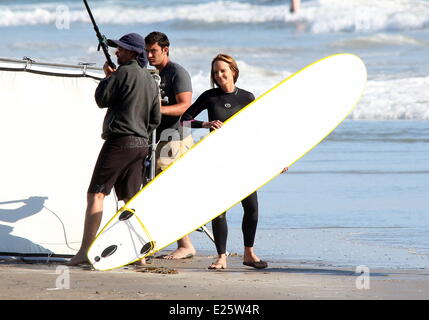 Helen Hunt filming and directing her new movie 'Ride' on Venice Beach. The film is about a mother who travels cross-country to California to be with her son after he decides to drop out of school and become a surfer.  Featuring: Helen Hunt Where: Los Angeles, Colifornia, United States When: 08 Aug 2013 Stock Photo