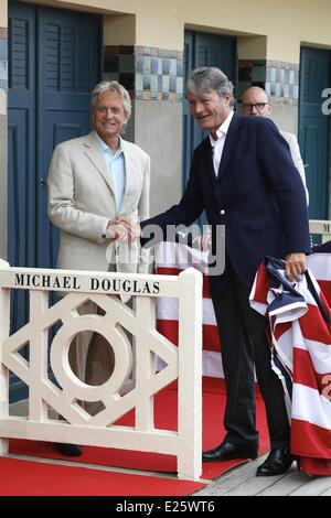 US actor Michael Douglas at the beach locker room dedicated to him on the Promenade des Planches buring the Deauville US Film Festival  Featuring: Michael Douglas Where: Deauville When: 31 Aug 2013 Stock Photo