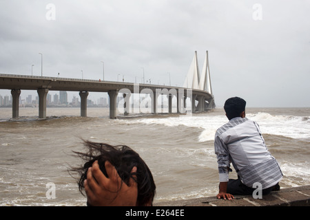 A monsoon sea storm at Bandstand Bandra Fort with Bandra-Worli Sea Link Bridge in Mumbai, India. Stock Photo