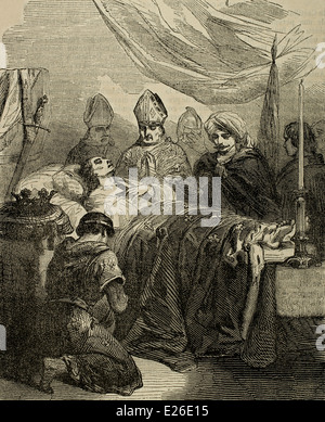 Louis IX of France  (1214-1270). Death of the king during the siege of Tunis, 24 August 1270, during Eighth Crusade. Engraving. Stock Photo