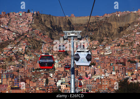 La Paz, Bolivia. 16th June, 2014. A Gondola in the form of a football travels on the new cable car / gondola lift system linking La Paz and El Alto. Several gondolas have been changed to a football design to celebrate the 2014 World Cup currently being held in Brazil. The first of three cable car lines was inaugurated on 30th May 2014, in total they will form the longest and highest urban cable car system in the world. Credit:  James Brunker / Alamy Live News Stock Photo