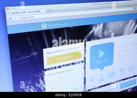 Photo of WordPress webpage on a monitor screen, WordPress is an online, open source website creation tool written in PHP Stock Photo