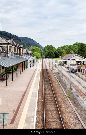 Elevated view of Betws-y-Coed railway station platform. Stock Photo