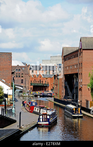 Narrowboats in Gas Street Canal Basin, Birmingham, West Midlands, England, UK, Western Europe. Stock Photo