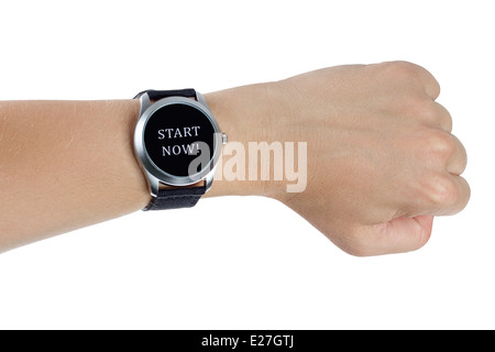 A hand wearing a black wrist watch. Start now concept Stock Photo
