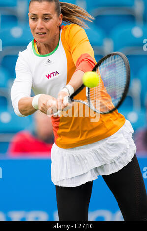 Eastbourne, UK. 16th June, 2014. Flavia Pennetta of Italy in action in her doubles match on Day One of the Aegon International at Devonshire Park, Eastbourne. Credit:  MeonStock/Alamy Live News Stock Photo