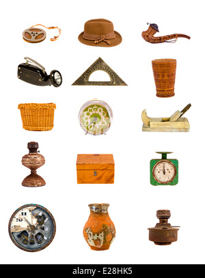 various antique tools and objects assorted collection isolated on white Stock Photo
