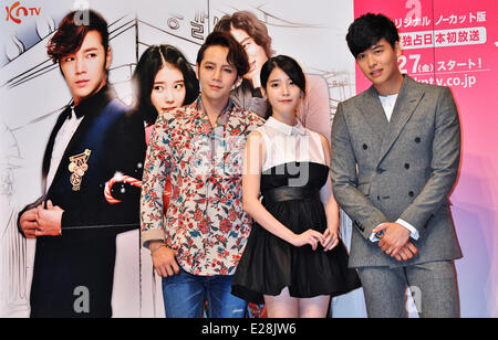 Jang Keun-Suk, IU and Lee Jang-Woo, Jun 13, 2014 : (L-R)Korean actor Jang Keun-suk, singer IU and actor Lee Jang-Woo attend a press conference for TV drama 'Beautiful Man' in Tokyo, Japan, on June 13, 2014. Stock Photo