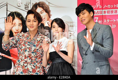 Jang Keun-Suk, IU and Lee Jang-Woo, Jun 13, 2014 : (L-R)Korean actor Jang Keun-suk, singer IU and actor Lee Jang-Woo attend a press conference for TV drama 'Beautiful Man' in Tokyo, Japan, on June 13, 2014. Stock Photo