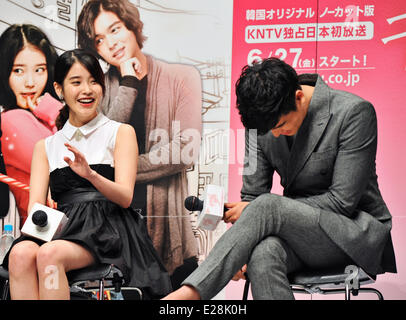 IU and Lee Jang-Woo, Jun 13, 2014 : Korean singer IU(L) and actor Lee Jang-Woo attend a press conference for TV drama 'Beautiful Man' in Tokyo, Japan, on June 13, 2014. Stock Photo