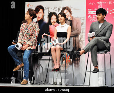 Jang Keun-Suk, IU and Lee Jang-Woo, Jun 13, 2014 : (L-R)Korean actor Jang Keun-suk, singer IU and actor Lee Jang-Woo attend a press conference for TV drama 'Beautiful Man' in Tokyo, Japan, on June 13, 2014. Stock Photo